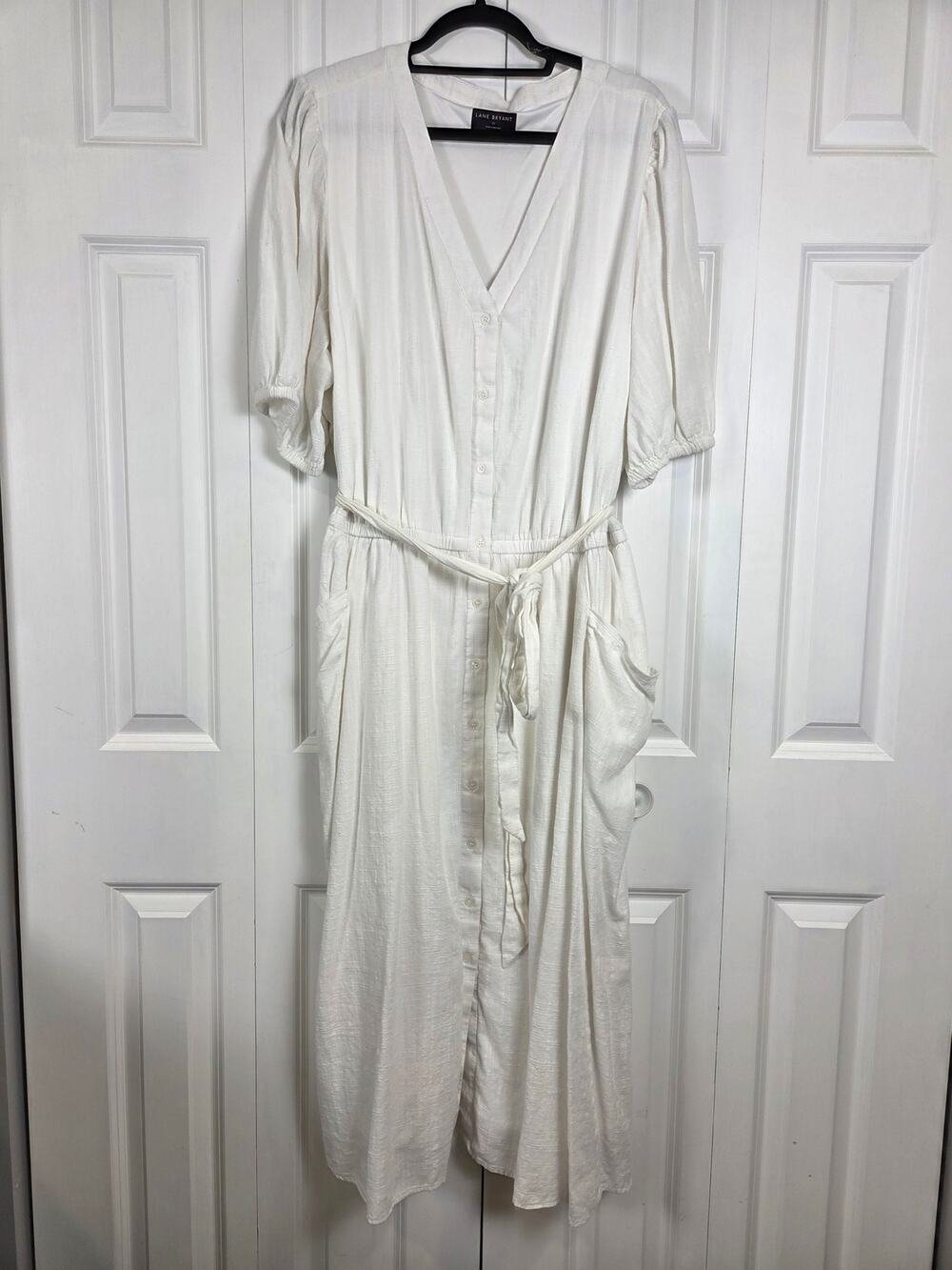 Lane Bryant White Midi Dress Pockets Tie Waist Size 26 Lightweight Lined